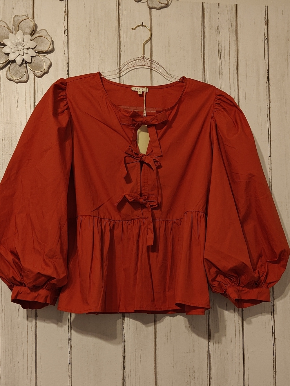 JODIFL Rust Red Tie-Front Peasant Blouse